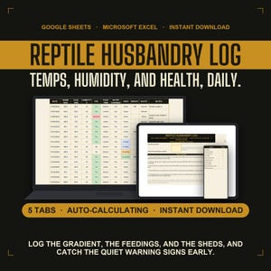 Reptile Husbandry Log | Daily Temperature Humidity and Feeding Tracker | Google Sheets Excel Printable PDF | Instant Download