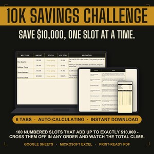 May include: A 10K Savings Challenge digital tracker displayed on a laptop, tablet, and smartphone. The interface features a milestone table with columns for amount, status, and motivation, plus 100 numbered slots totalling £10,000 for tracking progress.