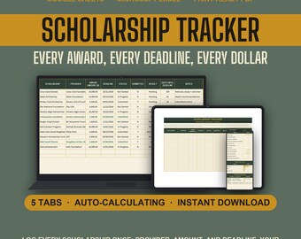 Scholarship Tracker Google Sheets, Scholarship Application Organizer for Students, Deadline and Award Planner, Printable PDF, Financial Aid