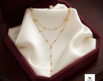 Gold Double Layer Y Necklace, Tassel Beaded Chain, Minimalist Elegant Jewelry