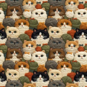 May include: A repeating pattern featuring various fluffy cats in shades of white, brown, gray, orange, and black, interspersed with round balls of yarn in green, orange, and gray colors. The cats have wide eyes and detailed fur textures.