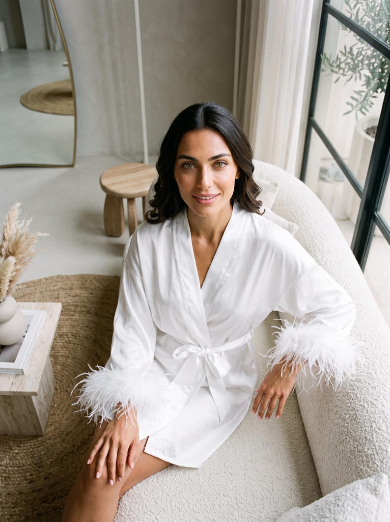 Feathery Robe Personalized Feather Bridal Robe, Custom Name White Satin Dressing Gown ...