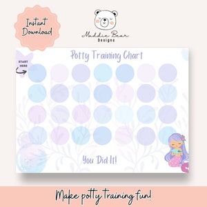 May include: A printable potty training chart with a mermaid theme. The chart features a mermaid with purple hair and a light blue tail holding a seashell. The chart has a white background with light blue and purple circles and a leafy design. The text "Potty Training Chart" is at the top of the chart. The text "You Did It!" is at the bottom of the chart. The text "Make potty training fun!" is at the bottom of the chart.
