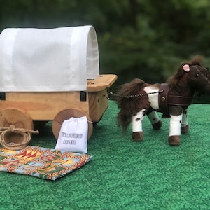 Handmade Pine Wood Toy Covered Wagon with Horse- Medium Size