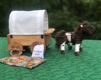 Handmade Pine Wood Toy Covered Wagon with Horse- Medium Size