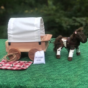 Handmade CEDAR Toy Covered Wagon with Horse - Medium