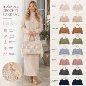 May include: A handmade crochet handbag featuring a textured knit pattern, fringe details on the sides, and beaded handles. The product is available in eight colors: soft white, latte, cinnamon, moss, dusty blue, mauve pink, graphite, and midnight navy.