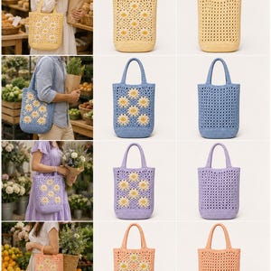 Könnte beinhalten: Eine Kollektion rechteckiger Häkel-Einkaufstaschen mit zwei verschiedenen Designs: eines mit weißen und gelben Gänseblümchenmotiven und eines mit einem offenen Gittermuster. Die Taschen sind in den Farben Gelb, Blau, Violett und Pfirsich erhältlich.