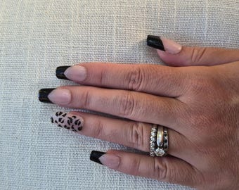 Cheetah Print Black Pointed French Tip Press On Gel Nails