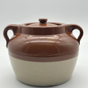 Medicine Hat Potteries Two-Tone Stoneware Bean Pot with Lid, Mid-Century Rustic Farmhouse Style