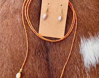 Orange Seed Bead Lariat Necklace, Handmade Clasp Free Wrap with Pearl Ends