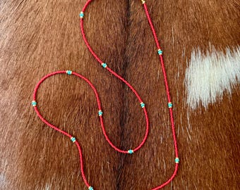 Long Red Seed Bead Necklace with Turquoise, Handmade Boho Wrap Layering Style