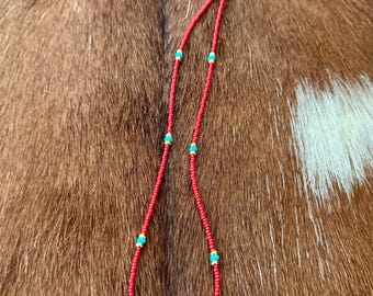 Red Seed Bead Necklace with Turquoise, Handmade Dainty Boho Choker