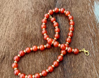 Red Carnelian Gemstone Necklace, Handmade Beaded Choker with Gold
