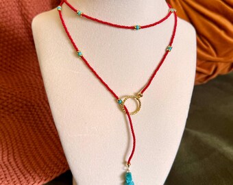 Naszyjnik z czerwonych koralików lariat, ręcznie robiony turkusowy naszyjnik w stylu boho