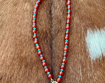 Carnelian Turquoise Necklace with Pearl Drop, Handmade Gemstone Toggle Choker