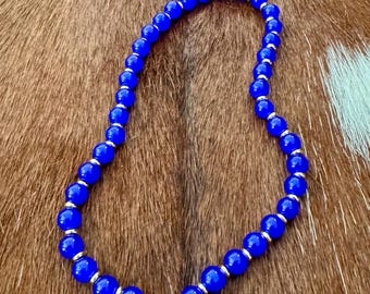 Cobalt Blue Glass Bead Necklace, Handmade Gold Toggle Choker