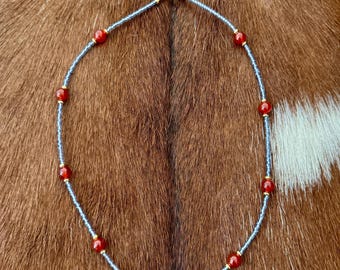 Red Carnelian Seed Bead Necklace, Handmade Periwinkle Beaded Choker