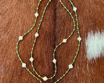 Green Bugle Bead & Freshwater Pearl Necklace