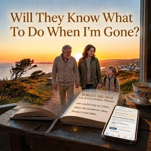 以下が含まれることがあります： 「Forget-Me-Not Life & Final Wishes Planner」というタイトルの本と、デジタルインターフェースを表示したスマートフォンが木製のテーブルの上に置かれています。本の表紙には「One useful step at a time. Make the handover clear. Protect your plan.」と記されています。