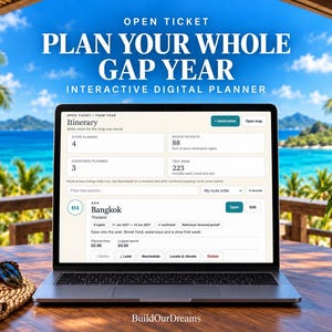 Pode incluir: Um computador portátil exibindo um planejador digital interativo intitulado Open Ticket Plan Your Whole Gap Year. A tela mostra um itinerário para Bangkok, Tailândia, com detalhes de viagem, datas e campos financeiros. O texto BuildOurDreams está na parte inferior.