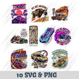 Könnte beinhalten: Eine Sammlung von neun digitalen Grafikdesigns mit verschiedenen Rennwagen, Sportfahrzeugen und Geländewagen. Jede Illustration enthält lebendige Farben, dynamische Bewegungslinien und stilisierte Texte wie Weekend Track Warrior, Classic Speed und Born to Race, Forced to Work, die in einem Raster angeordnet sind.