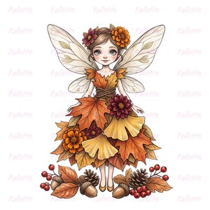 May include: A fairy illustration featuring a figure with translucent wings, wearing a dress made of orange, yellow, and brown autumn leaves and flowers. The figure has brown hair adorned with flowers and stands above acorns, pinecones, and red berries.