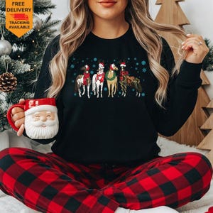 May include: A black long-sleeve sweatshirt featuring a graphic of four horses wearing Christmas-themed accessories like Santa hats, scarves, and wreaths, surrounded by blue snowflakes. A white ceramic mug shaped like Santa Claus is held in one hand.