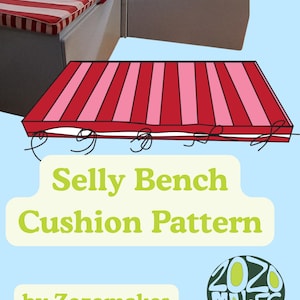 May include: A rectangular bench cushion with a red and pink vertical striped pattern, featuring black tie closures along the bottom edge. The text reads Selly Bench Cushion Pattern by Zozomakes, accompanied by a circular Zozomakes logo.