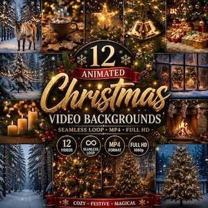 May include: A digital collection of 12 animated Christmas video backgrounds featuring festive scenes including a reindeer, hot cocoa, a star, bells, gifts, snowy forests, candles, stockings, and decorated trees with text reading 12 ANIMATED Christmas VIDEO BACKGROUNDS.