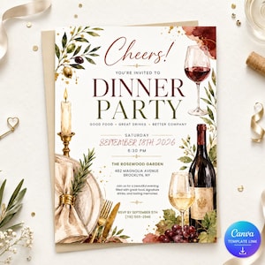 Wine Dinner Party Invitation, Watercolor Fall Supper Club Invite, Elegant Autumn Gathering, Editable Printable Canva Template