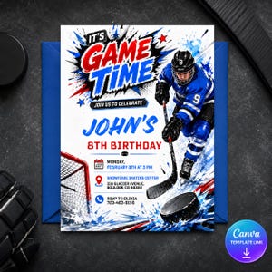 Peut inclure: Une carte d'invitation d'anniversaire rectangulaire montrant un joueur de hockey en maillot bleu portant le numéro 9 avec une crosse. Le texte indique IT'S GAME TIME, JOHN'S 8TH BIRTHDAY, MONDAY, FEBRUARY 8TH AT 3 PM, SNOWFLAKE SKATING CENTER, 318 GLACIER AVENUE, BOULDER, CO 80302, RSVP TO OLIVIA 720-483-9156.