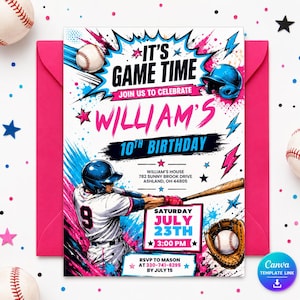 Baseball Birthday Invitation, Editable Boys Game Time Party Invite, Printable Sports Digital Download Canva Template