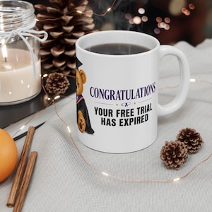 May include: A white ceramic mug featuring a graphic of a teddy bear wearing a black graduation cap and gown. The text reads CONGRATULATIONS in purple and YOUR FREE TRIAL HAS EXPIRED in black, with a small diploma icon between the two lines of text.