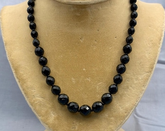 Vintage Miriam Haskell Jet Black Mineraloid Faceted Graduated Bead Necklace