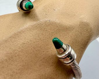 Vintage Mexico Sterling Silver Cable Twist Cuff Bracelet with Malachite Tips 26.6 Grams