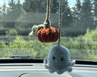 Handmade Crochet Ghost Pumpkin Car Charm, Halloween Fall Accessory Ornament