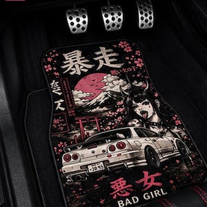 Alfombrillas para coche JDM Skyline Girl / Alfombrillas de carreras Anime Sakura / Interior estilo callejero japonés / Alfombrillas delanteras universales / Accesorios para coches de drift