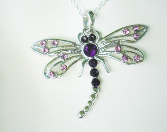 Purple and silver dragonfly necklace, large dragonfly pendant