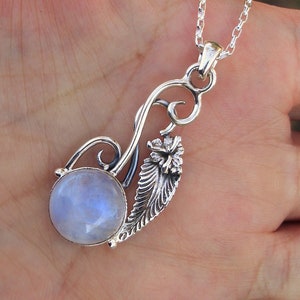 Rainbow moonstone flower leaf sterling silver necklace, gift idea