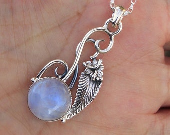 Rainbow moonstone flower leaf sterling silver necklace, gift idea