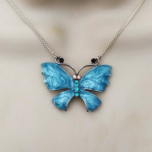 Blue Enamel Butterfly Necklace: Crystal Accent Pendant