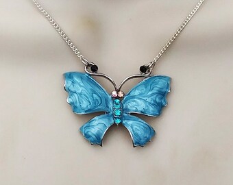 Blue butterfly necklace, large butterfly pendant, blue enamel jewelry