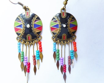 Black and bronze tribal earrings, multi colored enamel earring, gypsy jewelry