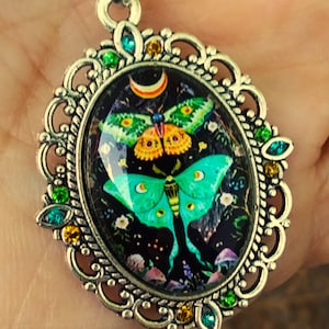 Large green aqua luna moth and moon filigree silver oval shaped pendant necklace