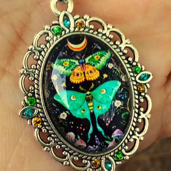 Large green aqua luna moth and moon filigree silver oval shaped pendant necklace