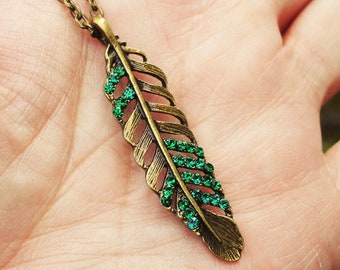 Green emerald swarovski crystal bronze feather necklace