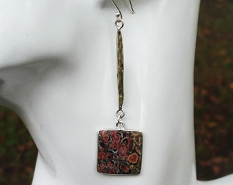 Long leopardskin jasper sterling silver earrings