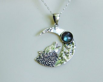 Labradorite moon and wolf sterling silver necklace, Mothers Day gift