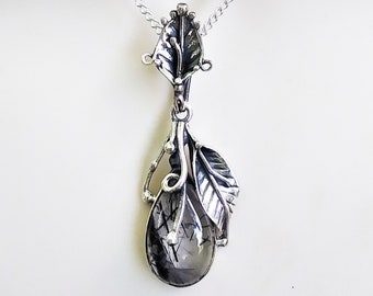 Black tourmalinated and clear quartz necklace, sterling silver jewelry, leaf pendants